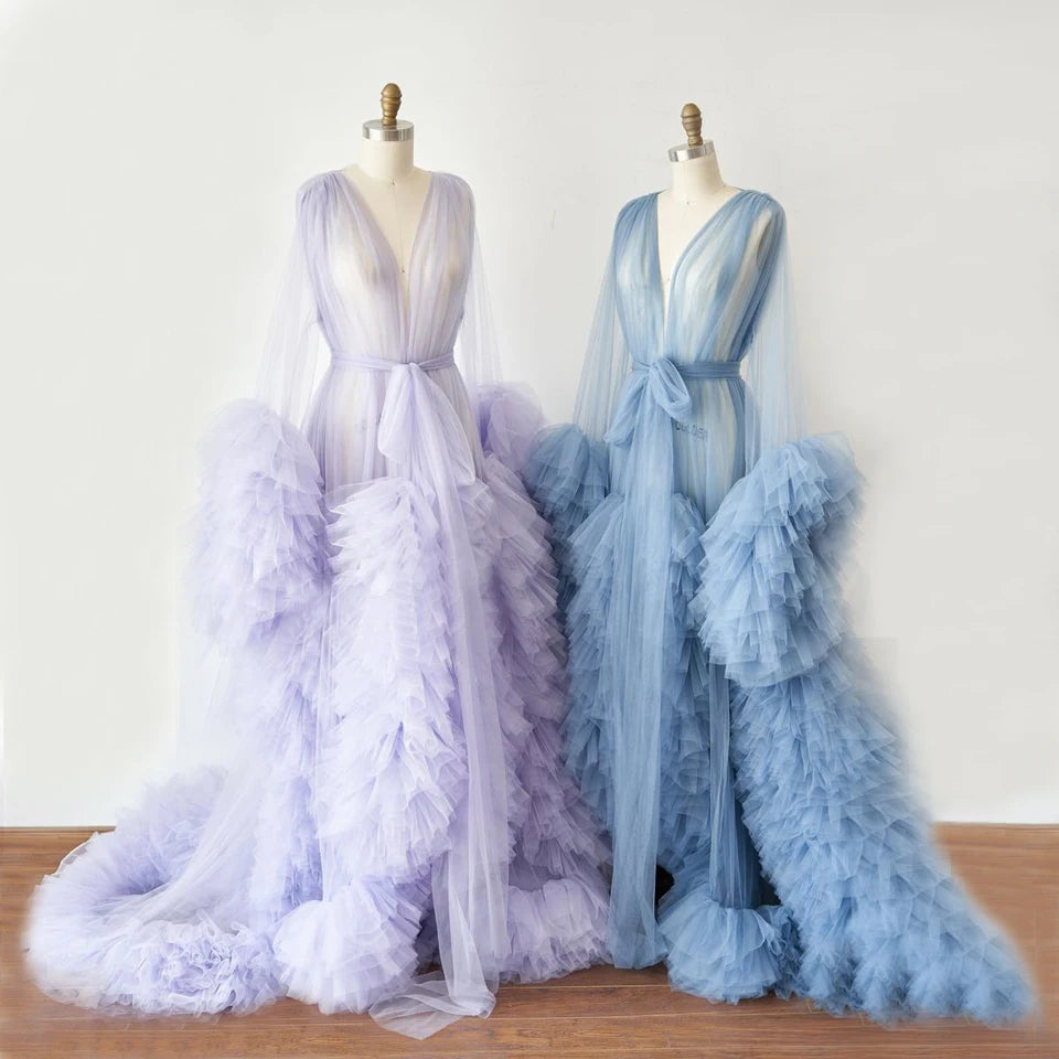 High Quality Beautiful Tulle Maternity Robe For Photo Shoot Custom Made Women Ruffled Tulle Maternity Dresses Maternity Gown